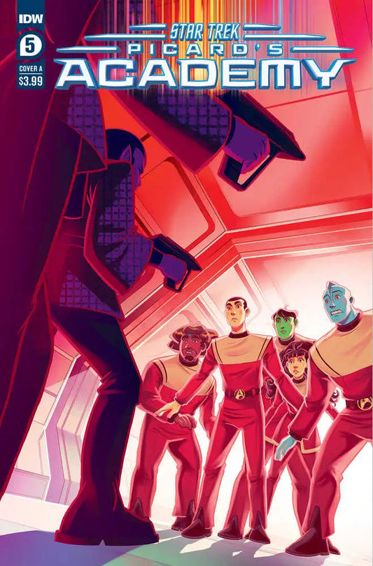 Comic book cover for Star Trek Picard’s Academy with characters in red uniforms, trading cards