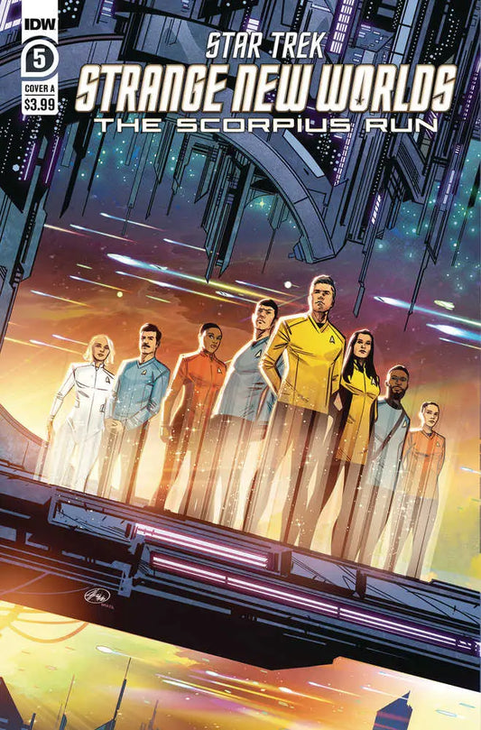 Star Trek Strange New Worlds comic cover featuring crew members in line, collectible trading cards