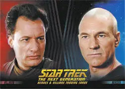 Star Trek TNG Heroes & Villains promo card featuring two iconic characters on dark background