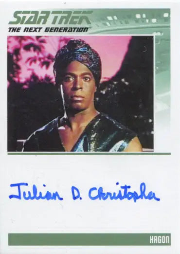 Star Trek TNG autograph card featuring character with blue signature for collectors
