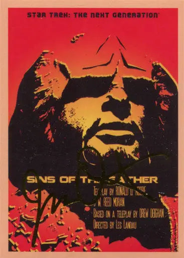 Stylized portrait of a Klingon warrior in red and black for Star Trek TNG trading cards