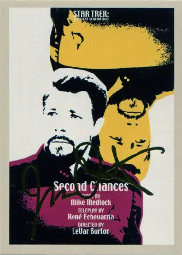 Star Trek trading card showcasing character portraits and text from Second Chances in gold foil