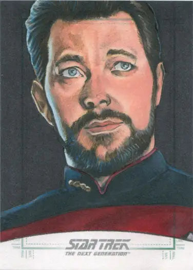 Bearded man with blue eyes in red and black uniform - Mike James Sketch Card