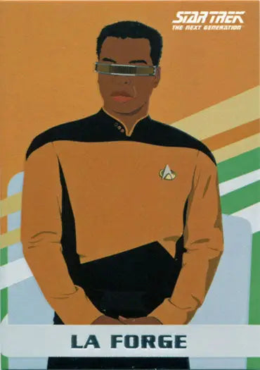 Character from Star Trek: The Next Generation in a gold and black Starfleet uniform, universe gallery chase