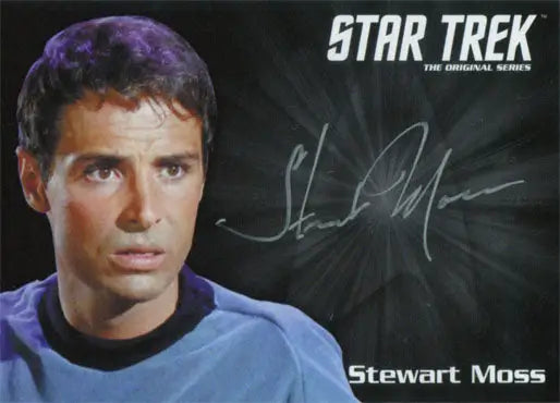 Headshot of Stewart Moss as Joe Tormolen in blue Star Trek uniform for trading cards