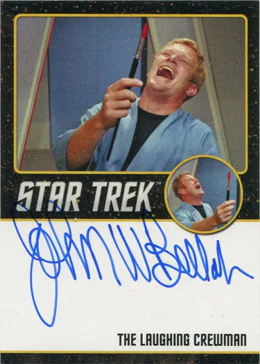 Autographed Star Trek TOS card of John Bellah as Laughing Crewman with microphone