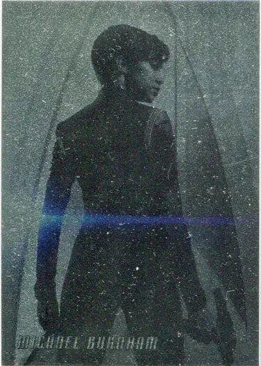 Silhouette of a person in a long coat with textured background for Discovery Preview trading cards