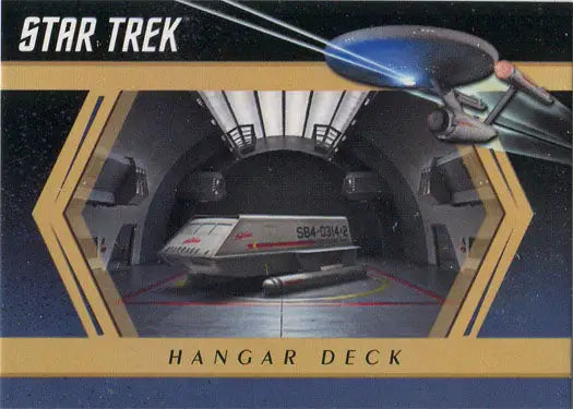 Shuttlecraft docked in spaceship hangar bay from Star Trek TOS trading cards