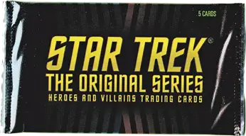 Unopened factory sealed Star Trek TOS trading cards pack featuring heroes and villains