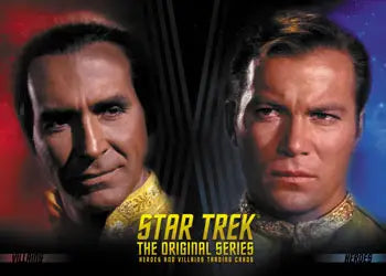 Promotional image of Star Trek TOS lead actors on a trading card promo card