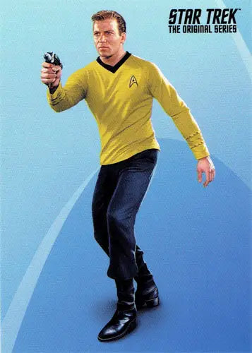 Man in yellow Star Trek uniform holding a phaser on Star Trek TOS promo card