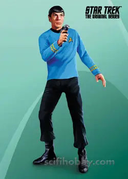 Action figure of a Star Trek character in blue uniform for promo card collection