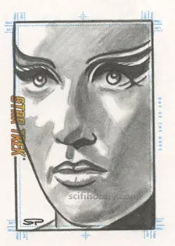 Detailed pencil sketch of a person’s face by Sean Pence for Star Trek trading cards