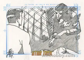 Sketch of two men talking with a latticed background from Brian Kong’s Trading Cards