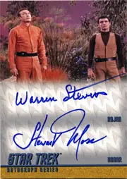 Autographed trading card featuring Warren Stevens and Stewart Moss in Star Trek costumes