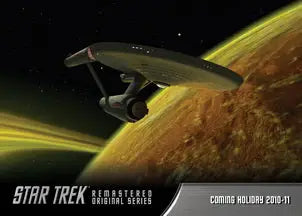 Iconic Starship Enterprise flying near a planet on Star Trek TOS Remastered promo card