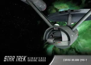 Starship Enterprise with saucer section and warp nacelles on Star Trek promo card