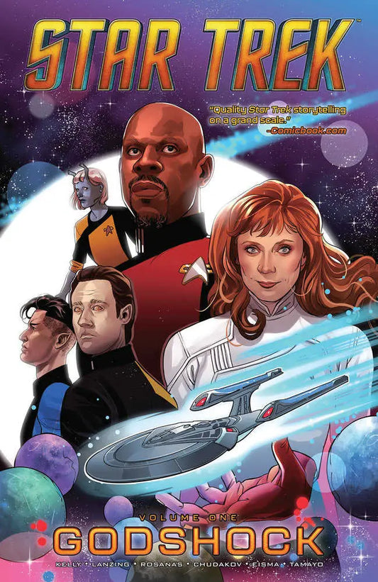 Star Trek comic book cover for Godshock featuring Benjamin Sisko and the USS Enterprise