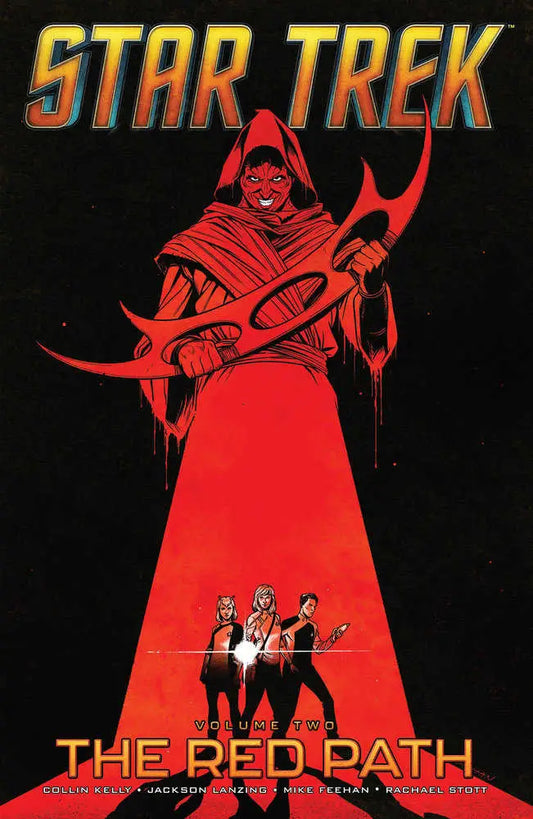 Dramatic Star Trek comic cover of The Red Path with hooded figure over crew members
