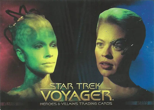 Star Trek Voyager promo card featuring two alien characters in trading cards style