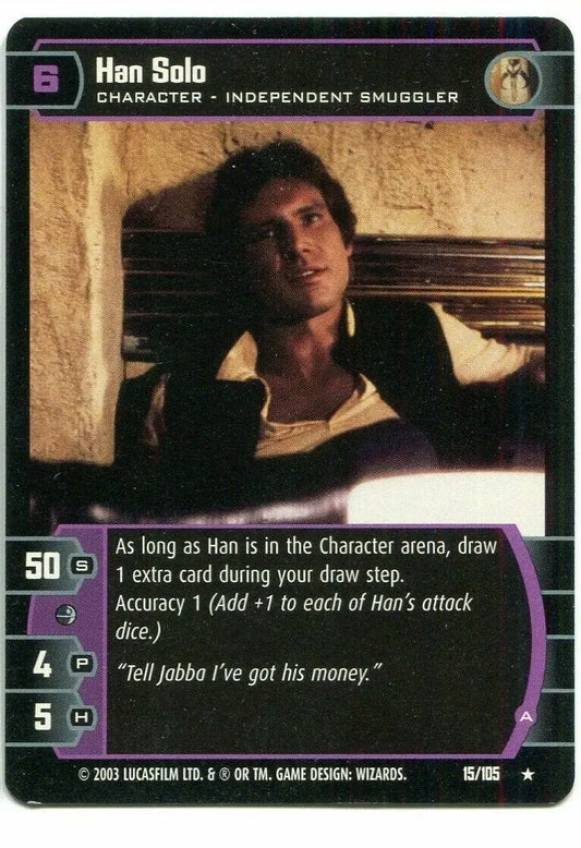 Han Solo trading card from STAR WARS 2003 TCG WOTC Battle of Yavin, Rare Harrison Ford