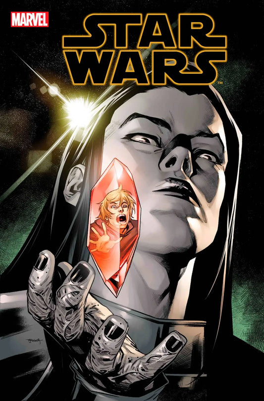 Comic book cover of Star Wars #42 featuring glowing red crystal and dramatic portrait