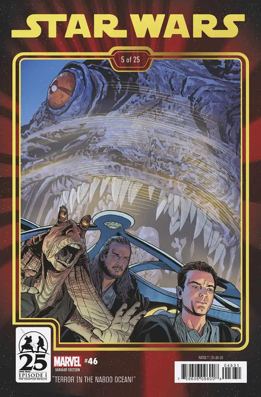 Comic book cover of Star Wars #46 with characters in a vehicle chased by a giant creature