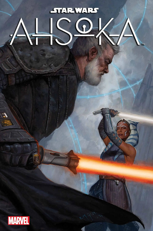 Comic book cover of STAR WARS AHSOKA #4 featuring a lightsaber duel, perfect for trading cards