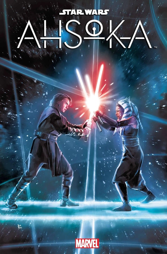 Comic book cover of STAR WARS AHSOKA #5 featuring warriors in a lightsaber duel