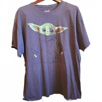 Dark gray T-shirt with Baby Yoda graphic in his robe, Star Wars Yoda graphic tee