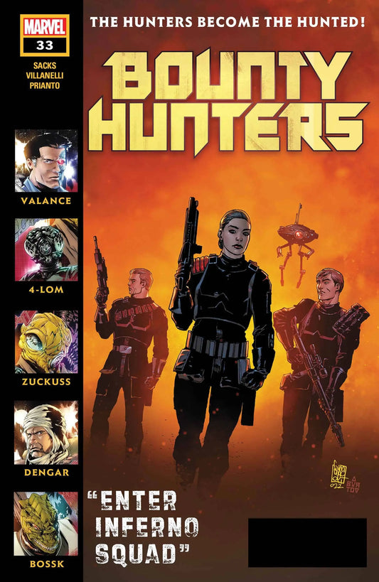 Comic book cover for Star Wars Bounty Hunters #33 with silhouetted figures against orange sky