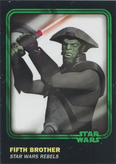 Green-skinned alien with red lightsaber in Star Wars Green Parallel Chase Card 96