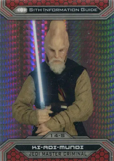 Holographic trading card featuring a Jedi Master with blue lightsaber, Prism Refractor