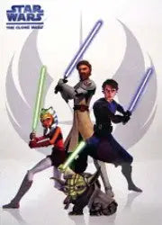 Group of Star Wars characters with lightsabers on Star Wars Clone Wars promo card