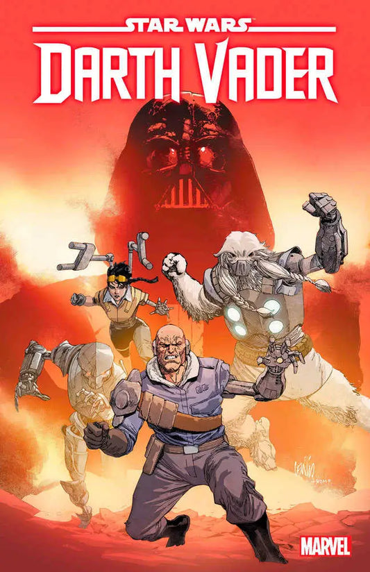 Darth Vader mask dominates comic cover art with action scenes and characters, Star Wars