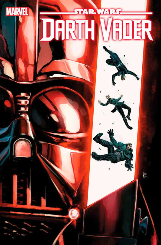 Red-tinted Darth Vader helmet with falling figures for Star Wars trading cards