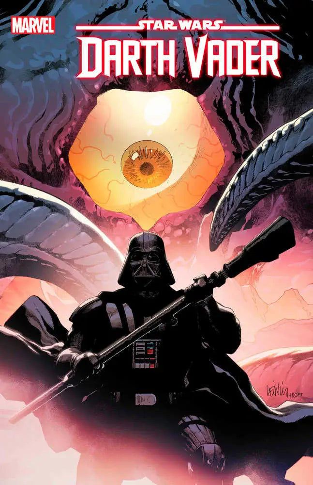 Darth Vader stands menacingly with a cape against an orange orb in trading cards artwork