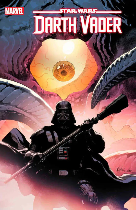Darth Vader stands menacingly with a cape against an orange orb in trading cards artwork