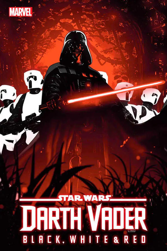 Darth Vader with red lightsaber and Stormtroopers in Star Wars trading cards design