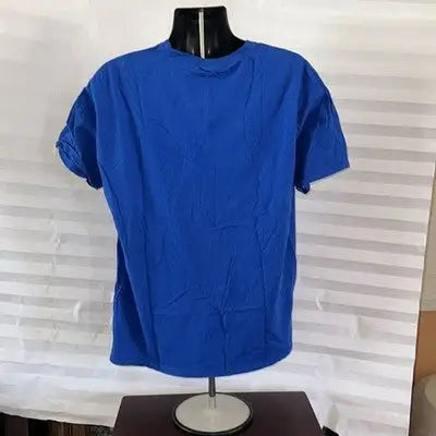 Wrinkled royal blue Star Wars Darth Vader short sleeve T-shirt on black mannequin