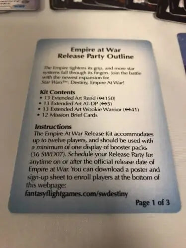 Empire at War release party outline card for Star Wars Destiny Organized Play Kit OP046