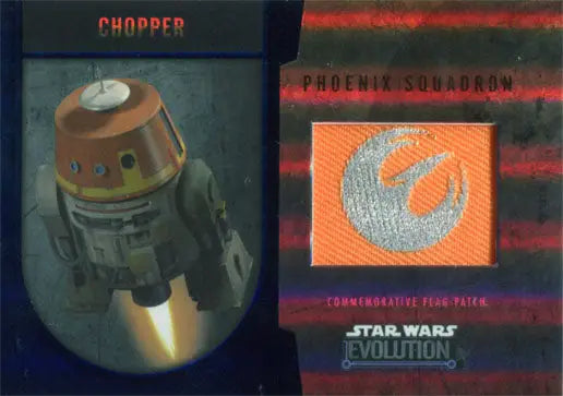 Droid-like robot with dome head and cylindrical body in Phoenix Squadron Chopper flag patch