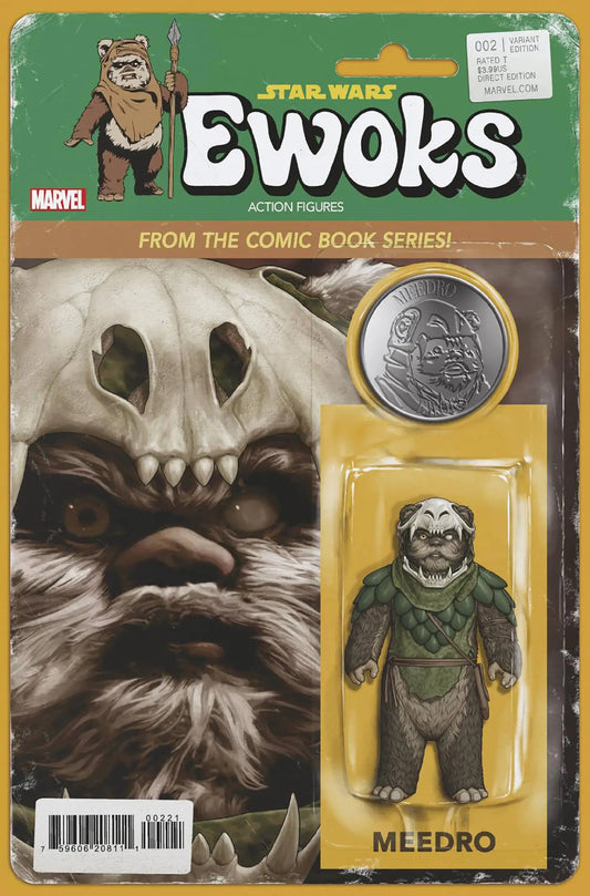 Vintage Star Wars Ewoks JTC Action Figure packaging featuring Mledro with collectible coin