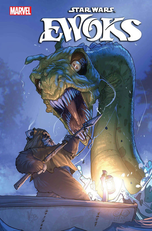 A dinosaur-like creature faces an Ewok on a boat in STAR WARS EWOKS trading cards