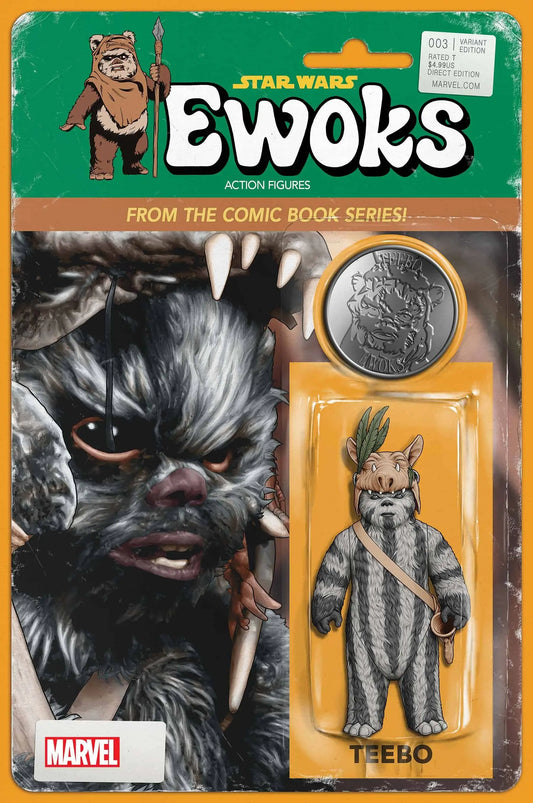 Vintage Star Wars Ewoks Teebo action figure packaging on orange blister card for trading cards