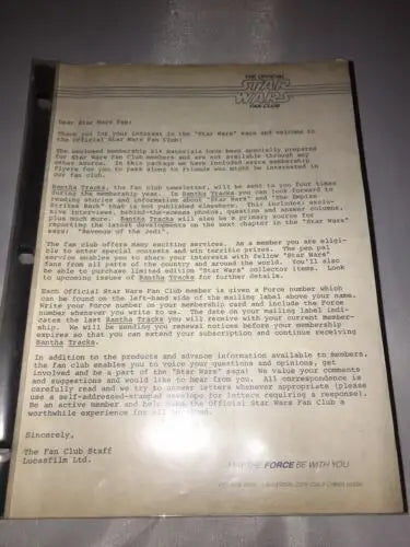 Vintage Star Wars Fan Club letter showcasing the 1982 Fan Club Revenge of the Jedi