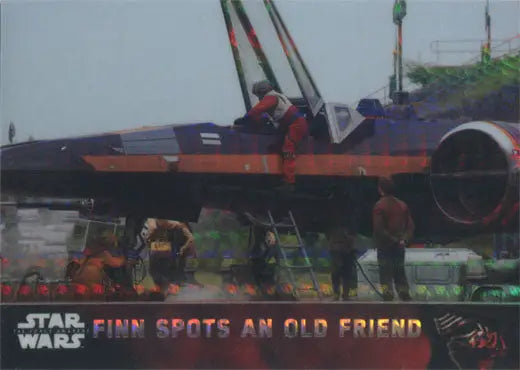 X-wing Starfighter suspended by cables from Star Wars Force Awakens chase card 72/99