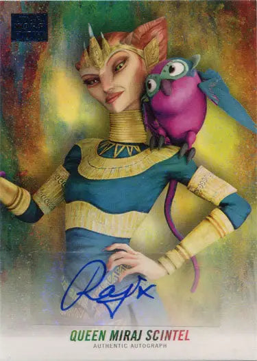Fantastical alien character with pointed ears and purple creature on shoulder from Rajia Baroudi trading card