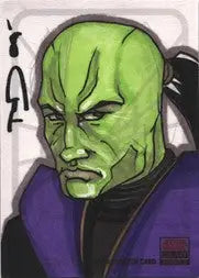 Green-skinned alien face with a stern expression on Tod Allen Smith Sketch Card