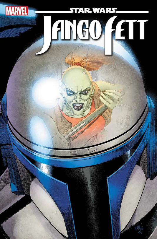 Mandalorian helmet visor reflecting alien creature in Jango Fett trading card image